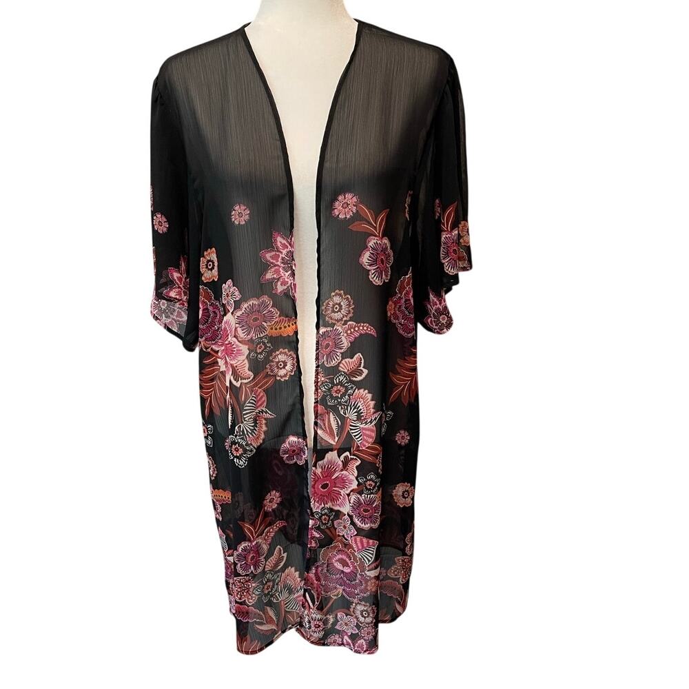 Maurices Floral Kimono Duster Longline L Black Pink Brown Floral Festival Boho